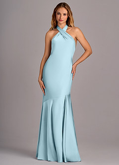 Azazie Lorena Vestidos de damas de honor Vestido de Azul Cielo de Satén Elástico de Corte Sirena con Plisado image4