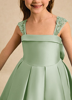 Azazie Genie Flower Girl Dresses Dusty Sage Ball-Gown Off the Shoulder Matte Satin Dress image4