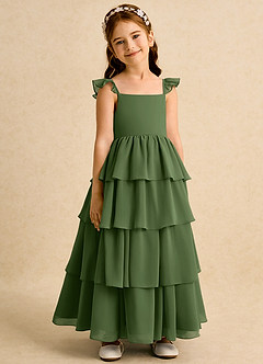 Azazie Boba vestidos de niña de las flores Vestido de Oliva de Gasa de Corte En A con Escote Cuadrado image1