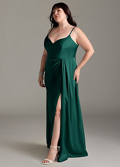 Azazie Brielle Robes de demoiselle d'honneur Robe Trapèze en Satin extensible Bretelles spaghetti émeraude image10