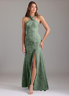 Azazie Rue Bridesmaid Dresses Matcha A-Line Pleated Floral Burnout Dress image1