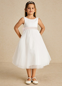 Azazie Kavi Flower Girl Dresses Ivory Rose Petal A-Line Bow Matte Satin Dress image2