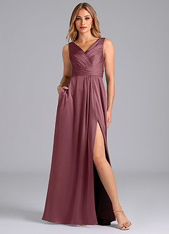 Azazie Karina At-home Try On Dresses Desert Rose A-Line Pleated Stretch Satin Dress image1