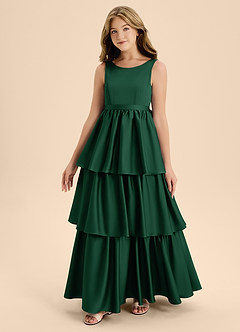 Azazie Meadowyn Junior Vestido de Verde Oscuro de Satén Elástico de Corte En A con Lazo image4
