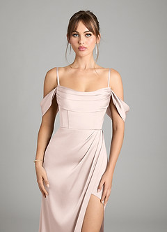 Azazie Johana Bridesmaid Dresses Blushing Pink Mermaid Off the Shoulder Stretch Satin Convertible Dress image4
