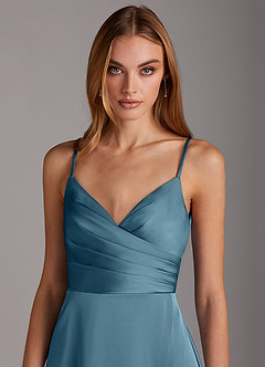 Azazie Calissa Final Sale Bermuda A-Line V-Neck Pleated Stretch Satin Dress image5