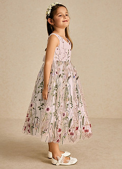 Azazie Arianna Flower Girl Dresses Blushing Pink A-Line Lace Tulle Dress image3