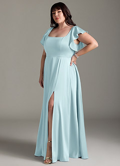 Azazie Bondi Bridesmaid Dresses Cloud Blue A-Line Bow Stretch Satin Dress image9
