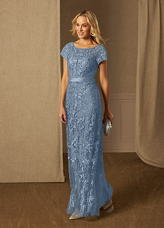 Azazie Dorit Mother of the Bride Dresses Dusty Blue Sheath Scoop Lace Dress image3
