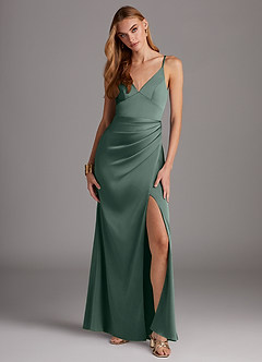 Azazie Shania Bridesmaid Dresses Sea Moss Sheath V-Neck Pleated Stretch Satin Dress image1