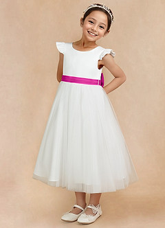 Azazie Hemi Flower Girl Dresses Ivory Fuchsia A-Line Bow Tulle Dress image2