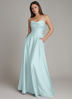 Azazie Meleena Bridesmaid Dresses Sea Glass A-Line Strapless Stretch Satin Dress image1