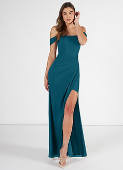 Azazie Kit Bridesmaid Dresses Ink Blue Mermaid Off the Shoulder Mesh Dress image1