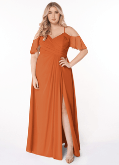Azazie Dakota Bridesmaid Dresses Cinnamon A-Line V-Neck Pleated Chiffon Dress image7