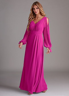 Azazie Matilda Robes de demoiselle d'honneur Robe Trapèze en Mousseline de soie Manche longue Fuchsia image1