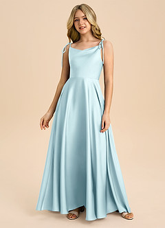 Azazie Popsy Junior Vestido de Azul Nube de Satén Elástico de Corte en A con Lazo image3