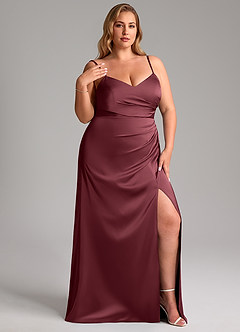 Azazie Azuree Bridesmaid Dresses Merlot A-Line Pleated Stretch Satin Dress image13