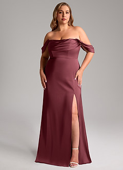 Azazie Saige Bridesmaid Dresses Merlot Sheath Off the Shoulder Stretch Satin Dress image11