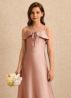Azazie Kapri Girls Formal vestidos de niña de las flores Vestido de Oro Rosa de Satén Elástico de Corte en A con Volante image5