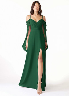 Azazie Cienna Bridesmaid Dresses Dark Green A-Line Off the Shoulder Chiffon Dress image1