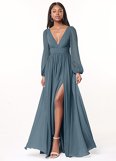 Azazie Norah Brautjungfernkleider A-Linie Lange Ärmel mit V-Ausschnitt Chiffon Kleid Zwielichtviolett image1