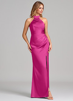 Azazie Karlotta Vestidos de madrinha de casamento Vestido Fúcsia de Cetim elástico de Bainha com Plissado image5