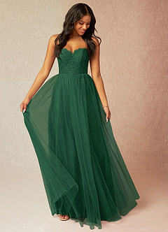 Azazie Roni Vestidos de damas de honor Vestido de Verde Oscuro de Tul de Corte en A Convertible con Escote de Corazón image1