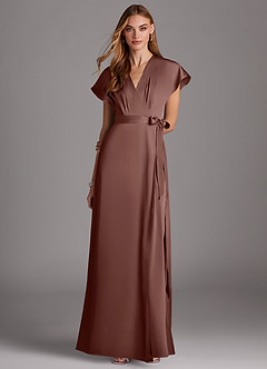 Azazie Nico Bridesmaid Dresses Espresso A-Line V-Neck Stretch Satin Dress image1