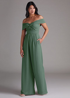 Azazie Lamara Bridesmaid Dresses Eucalyptus Off the Shoulder Chiffon Convertible Jumpsuit image4