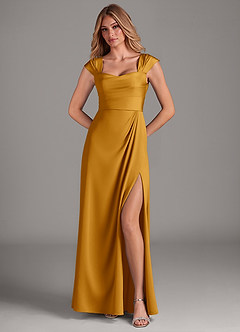 Azazie Laila Bridesmaid Dresses Butterscotch A-Line Pleated Stretch Satin Dress image4