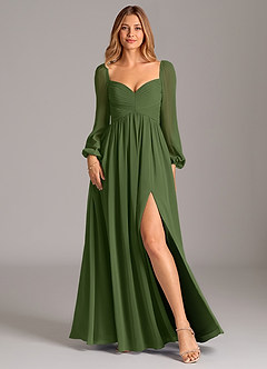 Azazie Bailee Bridesmaid Dresses Olive A-Line Long Sleeve Chiffon Dress image1