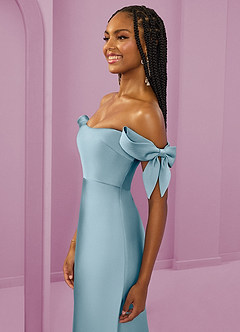 Barbie ♥ Azazie Bridesmaid Dresses Moody Blue Sheath Off the Shoulder Stretch Satin Convertible Dress image6