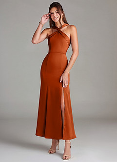 Azazie Rue 신부 들러리 드레스 인어 주름진 스트레치 새틴 발목 길이 드레스 image1