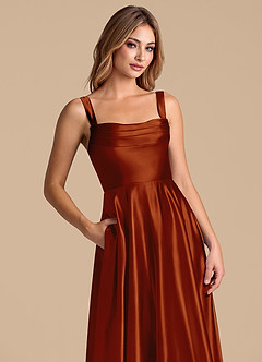 Azazie Shaude Bridesmaid Dresses Auburn A-Line Pleated Metallic Satin Dress image2