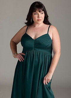 Azazie Alia Bridesmaid Dresses Pine A-Line Pleated Stretch Satin Dress image14