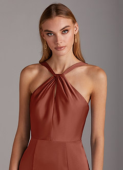Azazie Elana Bridesmaid Dresses Auburn Sheath Side Slit Stretch Satin Dress image6