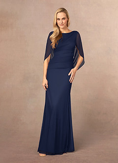 Azazie Belladonna vestidos de madre de la novia Vestido de Azul Marino Oscuro de Malla de Sirena con Cuello en V Plisado image2