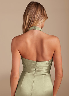 Azazie Jemma Bridesmaid Dresses Moss Green Sheath Pleated Metallic Satin Dress image2