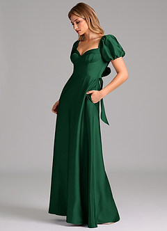 Azazie Fatima Bridesmaid Dresses Dark Green A-Line Pleated Stretch Satin Dress image5