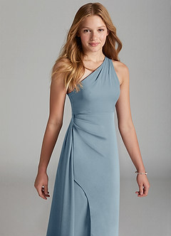Azazie Maron Junior Dusty Blue A-Line Pleated Stretch Satin Dress image3