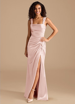 Azazie Jesaphine Bridesmaid Dresses Blushing Pink Sheath Bow Metallic Satin Dress image3
