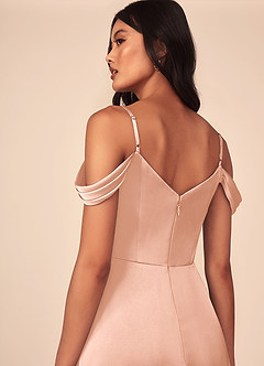 Azazie Ocean Bridesmaid Dresses Rose Gold A-Line V-Neck Pleated Stretch Satin Dress image5