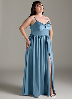 Azazie Zeya Bridesmaid Dresses Steel Blue A-Line Pleated Stretch Satin Dress image11