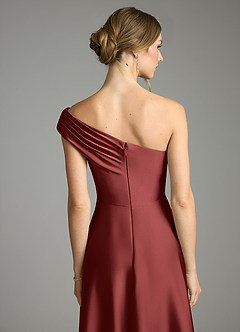 Azazie Melanie Bridesmaid Dresses Terracotta A-Line Off the Shoulder Stretch Satin Dress image2