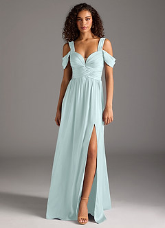 Azazie Lianne Bridesmaid Dresses Sea Glass A-Line Off the Shoulder Stretch Satin Dress image8