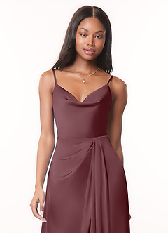 Azazie Brielle Bridesmaid Dresses Sangria A-Line Cowl Spaghetti Straps Stretch Satin Dress image4