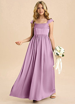 Azazie Hattie Junior Abito A-Line in Raso Elasticizzato Plissettato Glicine image4