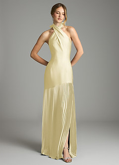 Azazie Nayeli Final Sale Lemon Sorbet A-Line Pleated Stretch Satin Dress image5