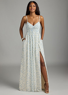 Azazie Alia Bridesmaid Dresses Blue And White Ditsy Floral A-Line Pleated Chiffon Dress image3