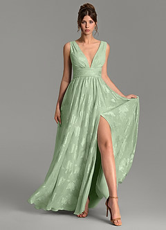 Azazie Vanessa Robes de demoiselle d'honneur Robe Trapèze en Jacquard floral dévoré Plissé Vert Sauge image4